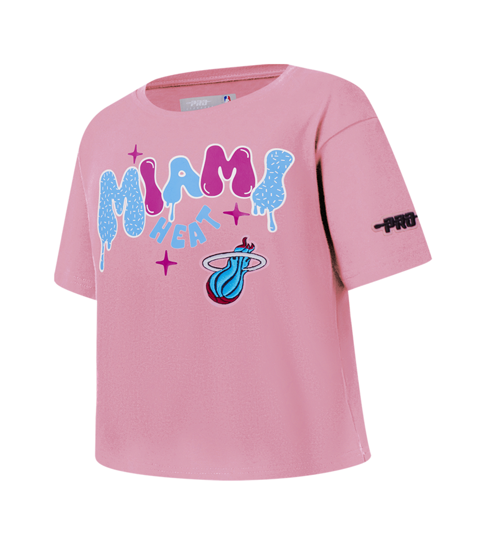 The Pro Standard Miami HEAT Original Vice Nights Girls Graffiti Boxy Tee is a pink cotton short-sleeve relaxed-fit T-shirt featuring playful Miami Heat graphics, purple star accents, and a black “PRO” logo on the left sleeve.
