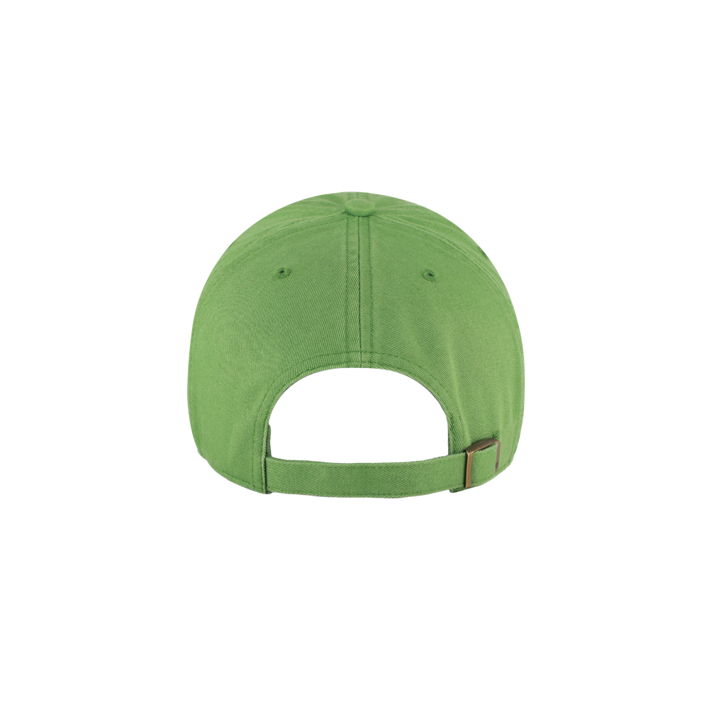 The '47 Brand Miami HEAT Green Cleanup Dad Hat, shown from the back on a plain white background, features an adjustable fabric strap with a metal buckle, an open section above the strap, and comes in one-size-fits-most cotton.