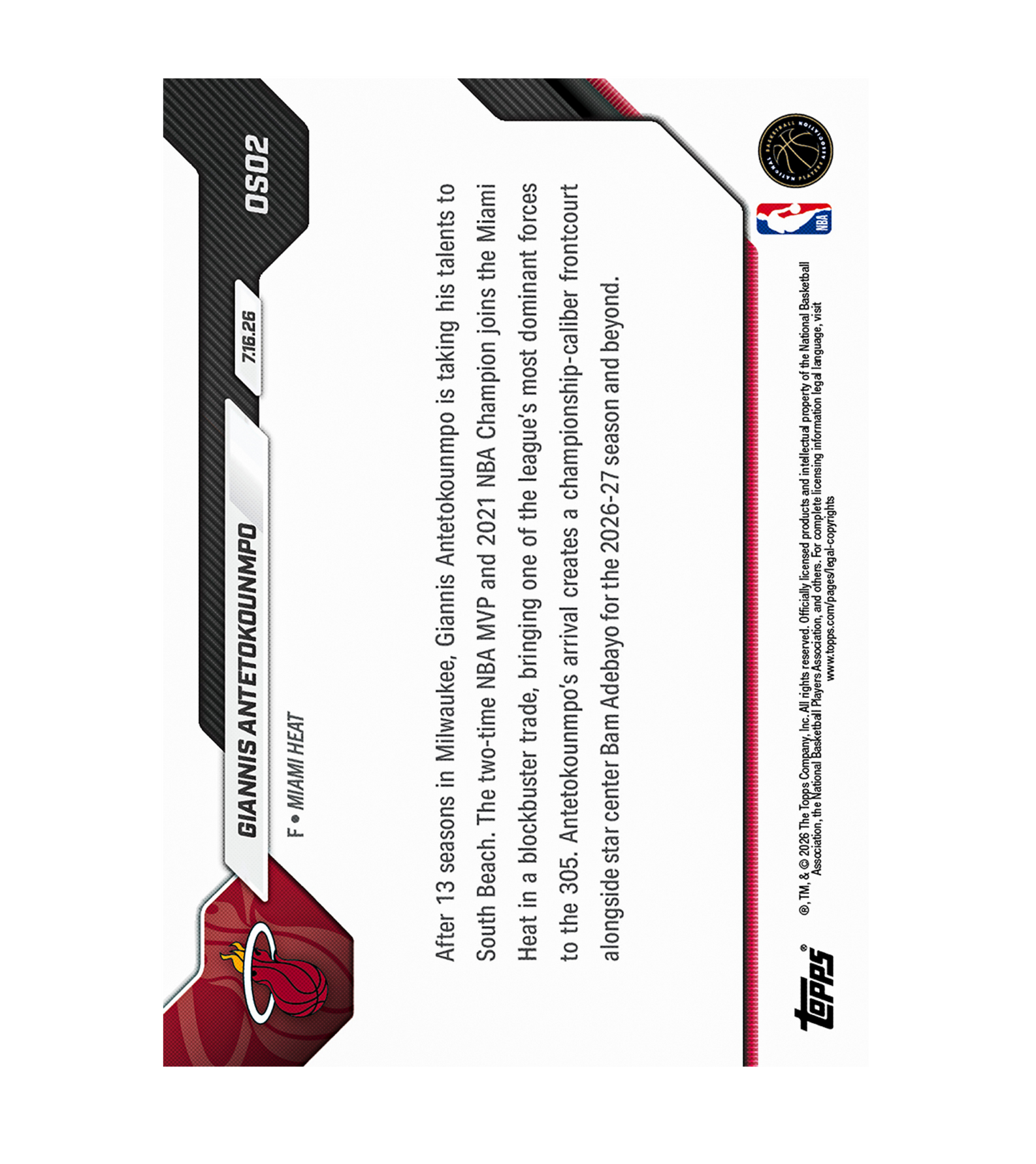 Celebrate Giannis Antetokounmpo’s incredible achievements as he joins the Miami HEAT with the Giannis Antetokounmpo 2026-27 Topps NOW® Card OS02 from TOPPS, featuring striking imagery of the Miami HEAT logo, NBA logo, and official TOPPS branding.