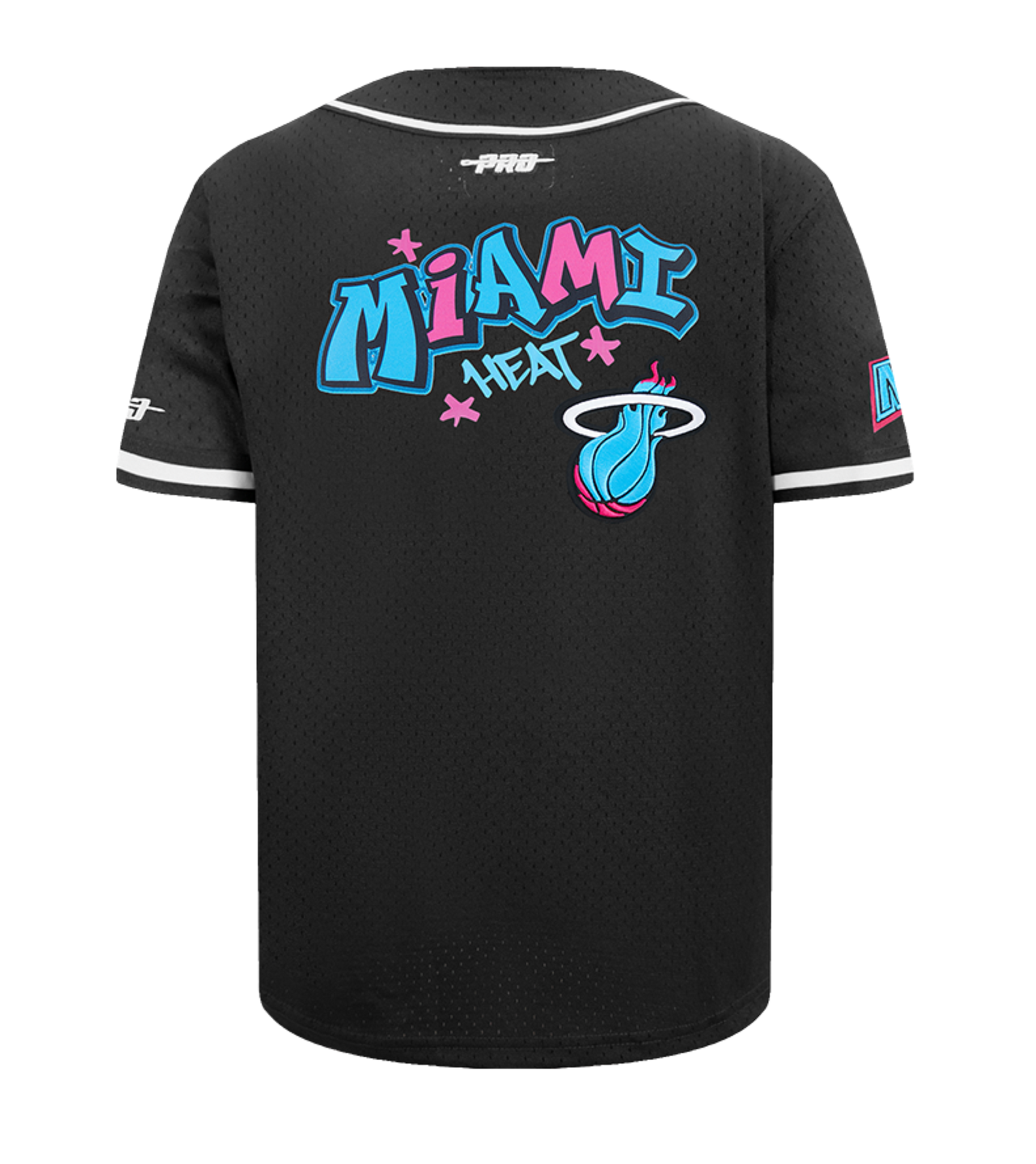 The Pro Standard Miami HEAT Original Vice Nights Youth Mesh Shirt features a black base with white trim, vibrant graffiti-style team text, the flaming basketball logo on the back, and is made from machine-washable polyester in a standard fit.
