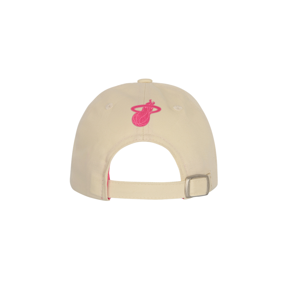 The Outerstuff Miami HEAT Beige Girls Dad Hat is shown from the back, with a pink embroidered logo, adjustable strap, and metal buckle. One size fits most; spot clean for best care.