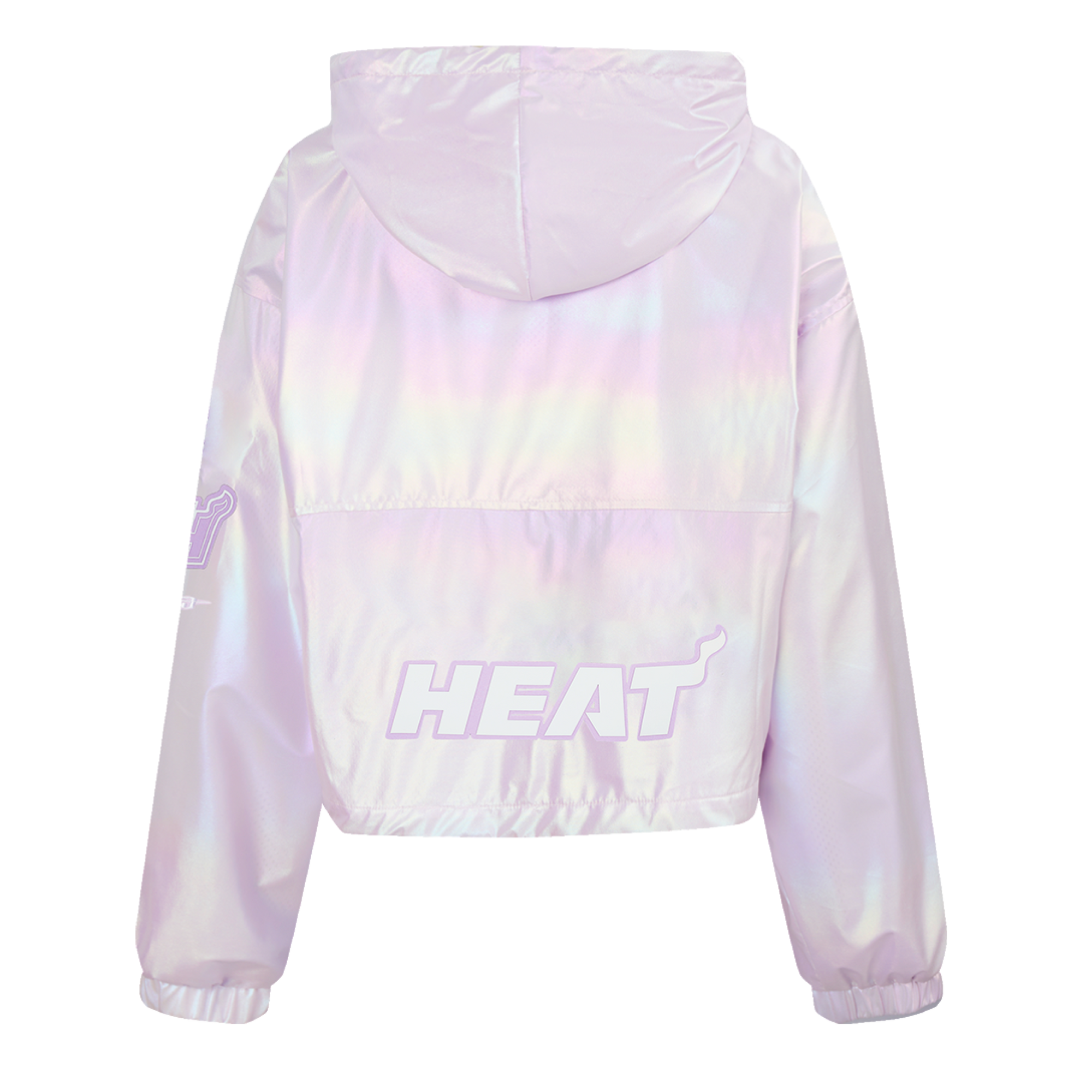 The Pro Standard Miami HEAT Hologram Half Zip Women's Hoodie is a shiny, iridescent light pink cropped jacket with a hood, bold 