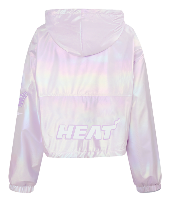 The Pro Standard Miami HEAT Hologram Half Zip Women's Hoodie features a pastel iridescent finish, relaxed fit, mesh-lined hood with white drawstrings, large front pocket, and the team logo on the chest.
