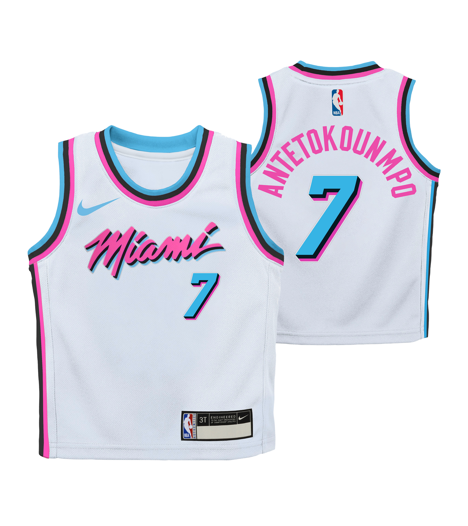 Front and back of the white Nike Original Vice toddler replica jersey for the Miami HEAT, featuring blue and pink accents and the number 7. The vibrant City Edition uniform style displays “Miami” on the front, with “Antetokounmpo,” the NBA logo, and Nike branding on the back.