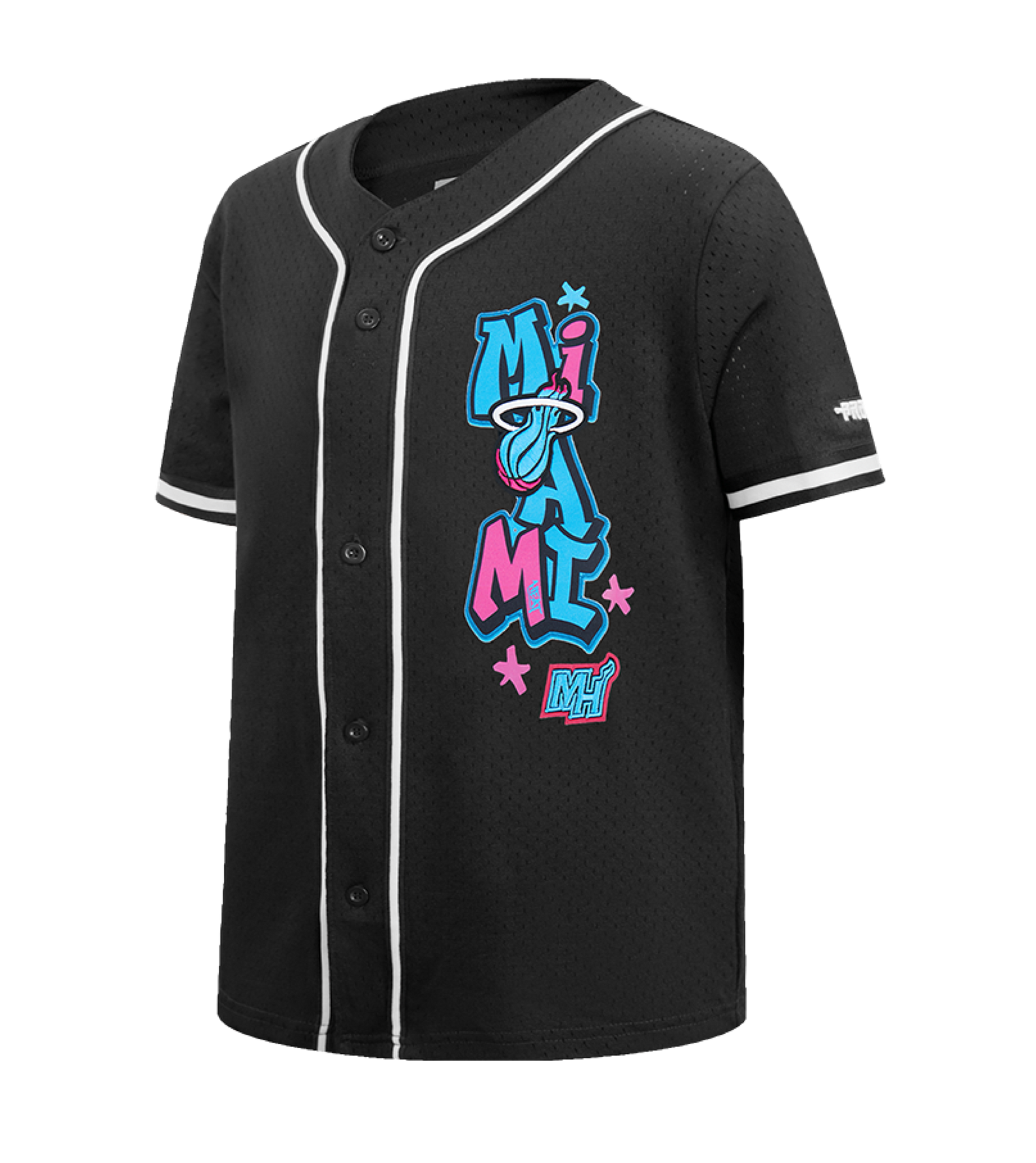 The Pro Standard Miami HEAT Original Vice Nights Youth Mesh Shirt features colorful graffiti-style 
