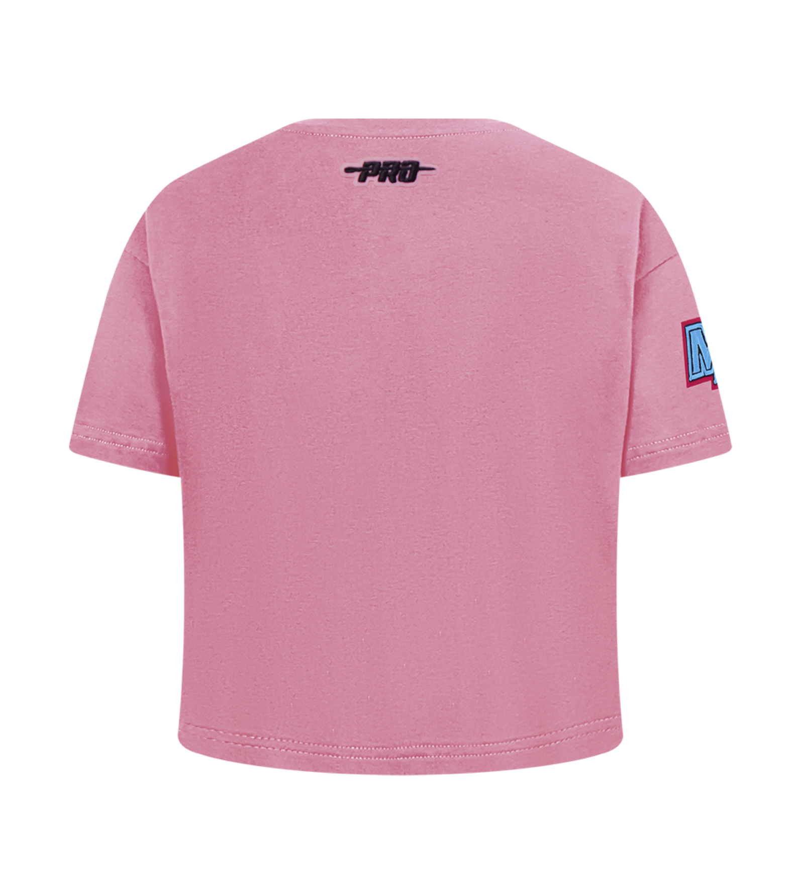 The Pro Standard Miami HEAT Original Vice Nights Girls Graffiti Boxy Tee features a relaxed cotton fit, short sleeves, pink color, a small “PRO” logo near the back neckline, and a blue patch on the left sleeve for everyday comfort.