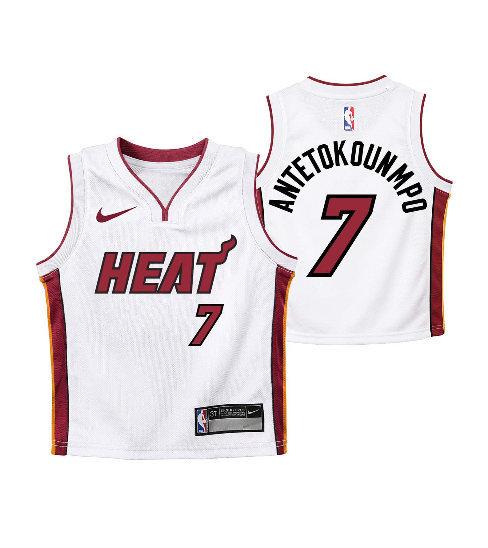 The Giannis Antetokounmpo Nike Association White Toddler Replica Jersey by Nike is crafted from durable polyester in a standard fit for all-day comfort. The front features the Miami Heat logo and number 7, while the back displays the NBA logo, ANTETOKOUNMPO in black letters, and the number 7 in red. Both front and back are shown. This jersey is easy to care for—just machine wash and wear again.