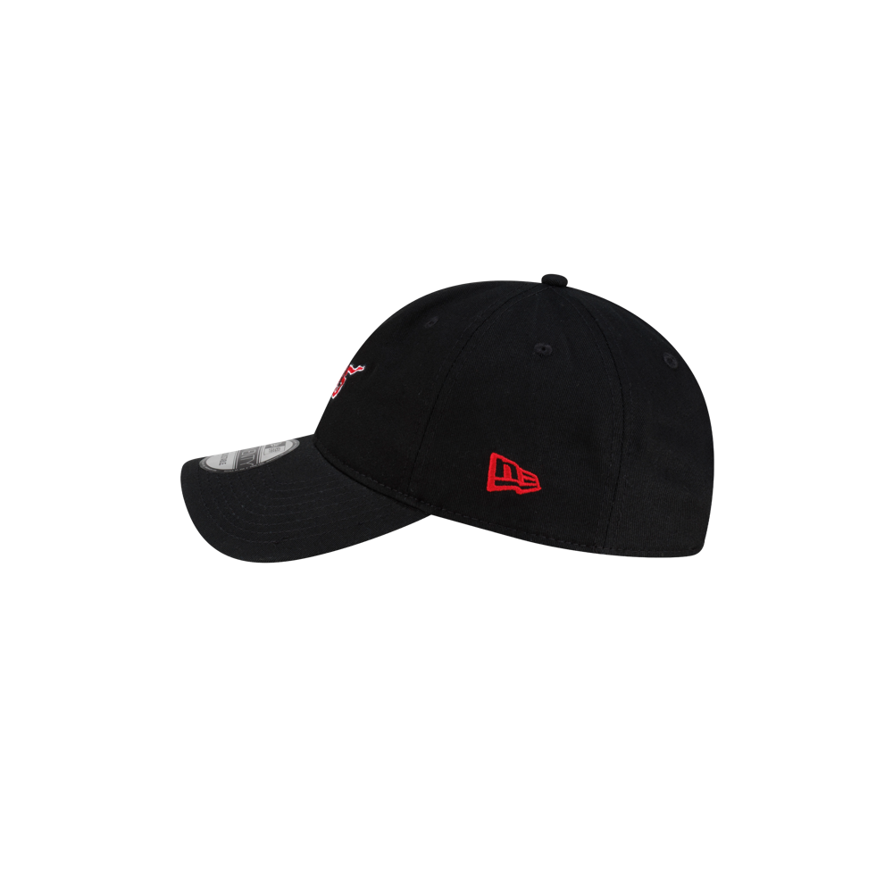 Black cotton Court Culture x New Era 305 Dad Cap featuring a red logo on the side and a red design on the front panel.