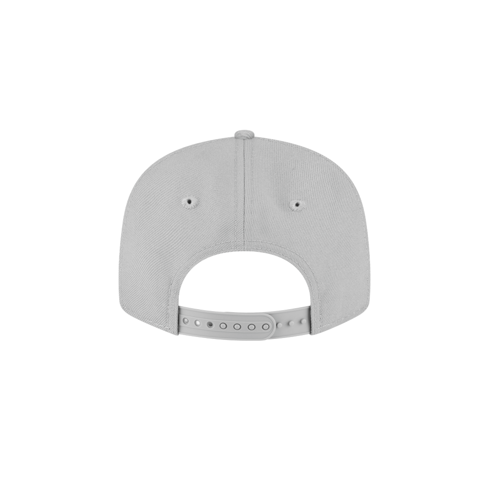 The image shows the back of the Court Culture x New Era Vice City Goodtime State Snapback in light grey, made from 100% polyester, with an adjustable plastic strap and two ventilation eyelets.