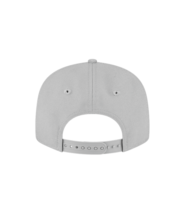 The Court Culture x New Era Vice City Goodtime State Snapback is a light gray 100% polyester cap, yellow cursive embroidery, flat brim, one size fits most. Shown on a white background. Spot clean only.