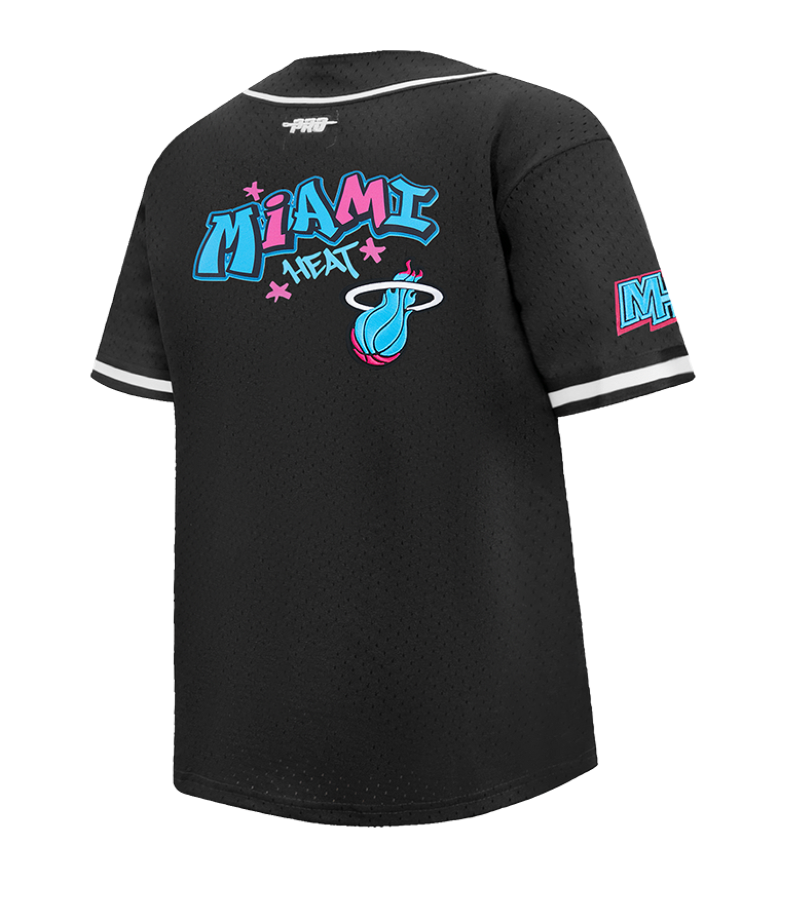 The Pro Standard Miami HEAT Original Vice Nights Youth Mesh Shirt by Pro Standard is a black polyester jersey with white trim, colorful graffiti-style Heat logo on the back, a MIA sleeve patch, and a standard fit that’s machine washable.