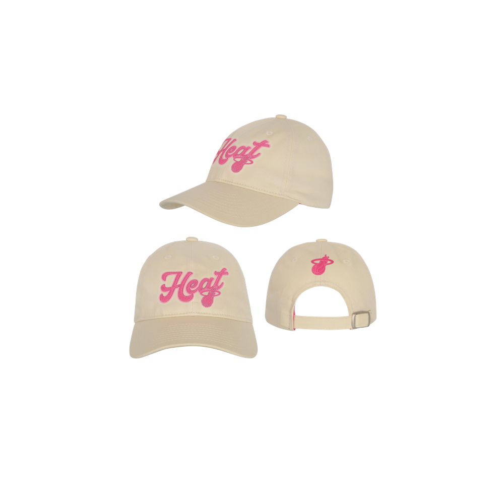 Three views of the Outerstuff Miami HEAT Beige Girls Dad Hat, featuring 