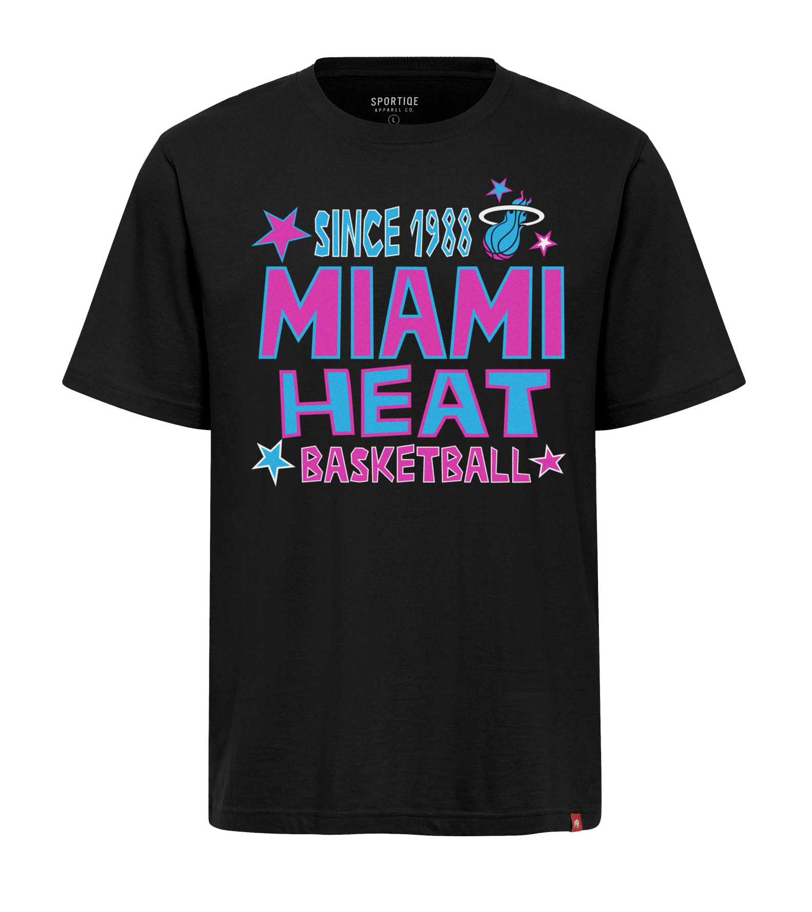 The Sportiqe Miami HEAT Original Vice Nights Star Tee is a black cotton t-shirt with colorful “Since 1988 MIAMI HEAT BASKETBALL” text in teal and pink, stars, and the Heat logo. Standard fit by Sportiqe; machine washable for convenience.