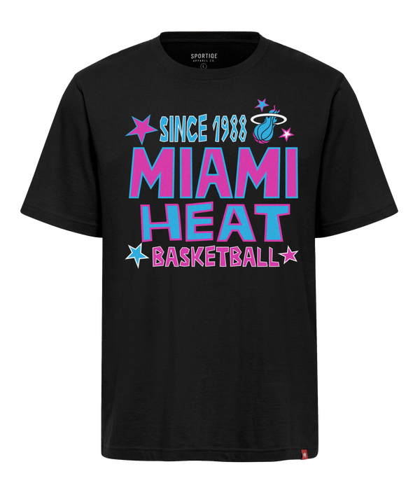 The Sportiqe Miami HEAT Original Vice Nights Star Tee is a black cotton t-shirt with colorful “Since 1988 MIAMI HEAT BASKETBALL” text in teal and pink, stars, and the Heat logo. Standard fit by Sportiqe; machine washable for convenience.
