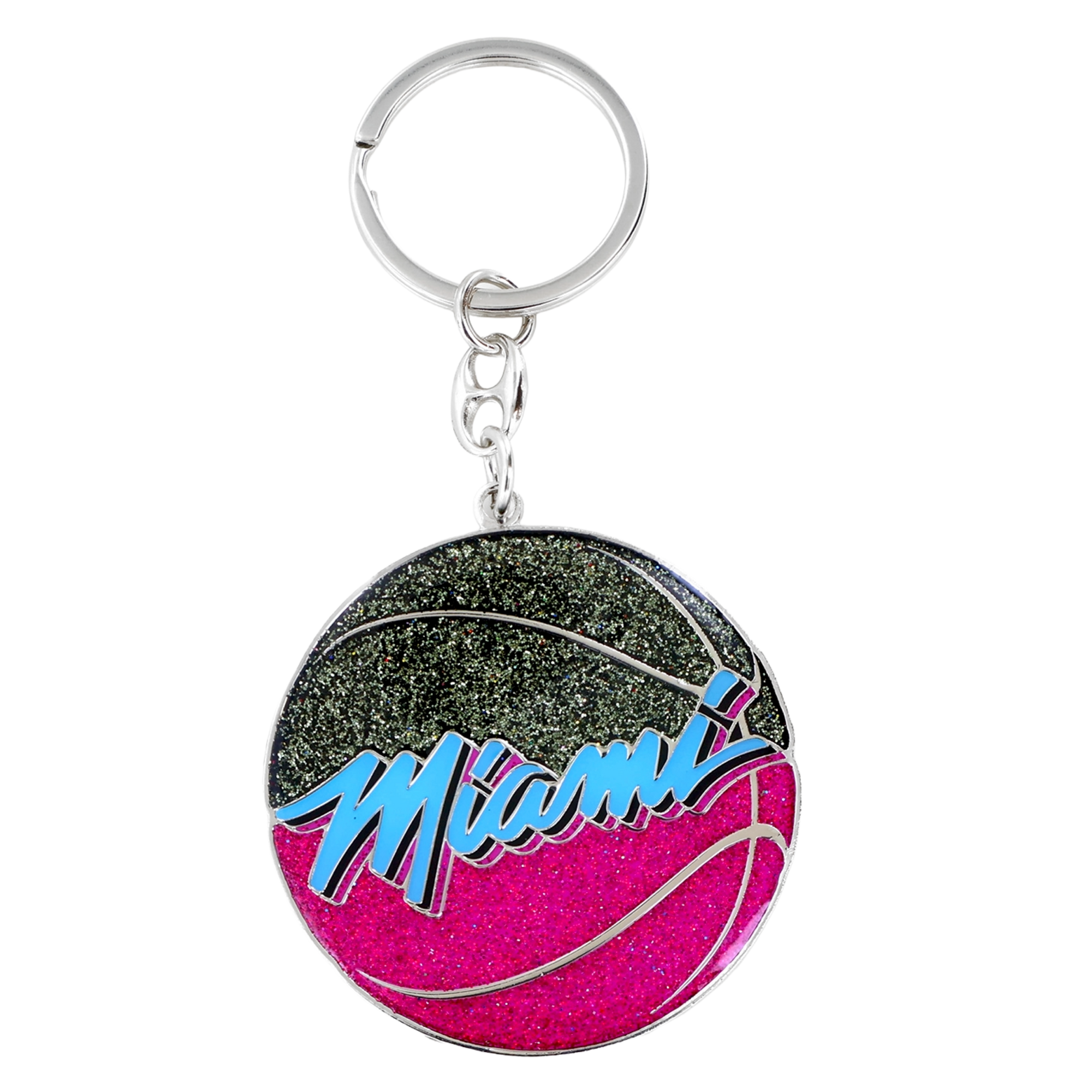 The Aminco Miami HEAT Original Vice Nights Glitter Ball Keychain is a 2-inch round keychain with a basketball design, glittery black and pink background, and 