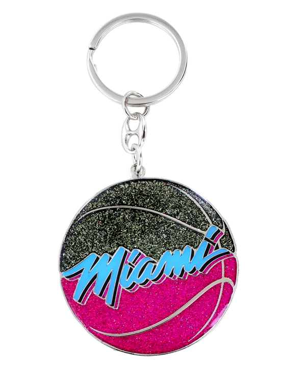 The Aminco Miami HEAT Original Vice Nights Glitter Ball Keychain is a 2-inch round keychain with a basketball design, glittery black and pink background, and 