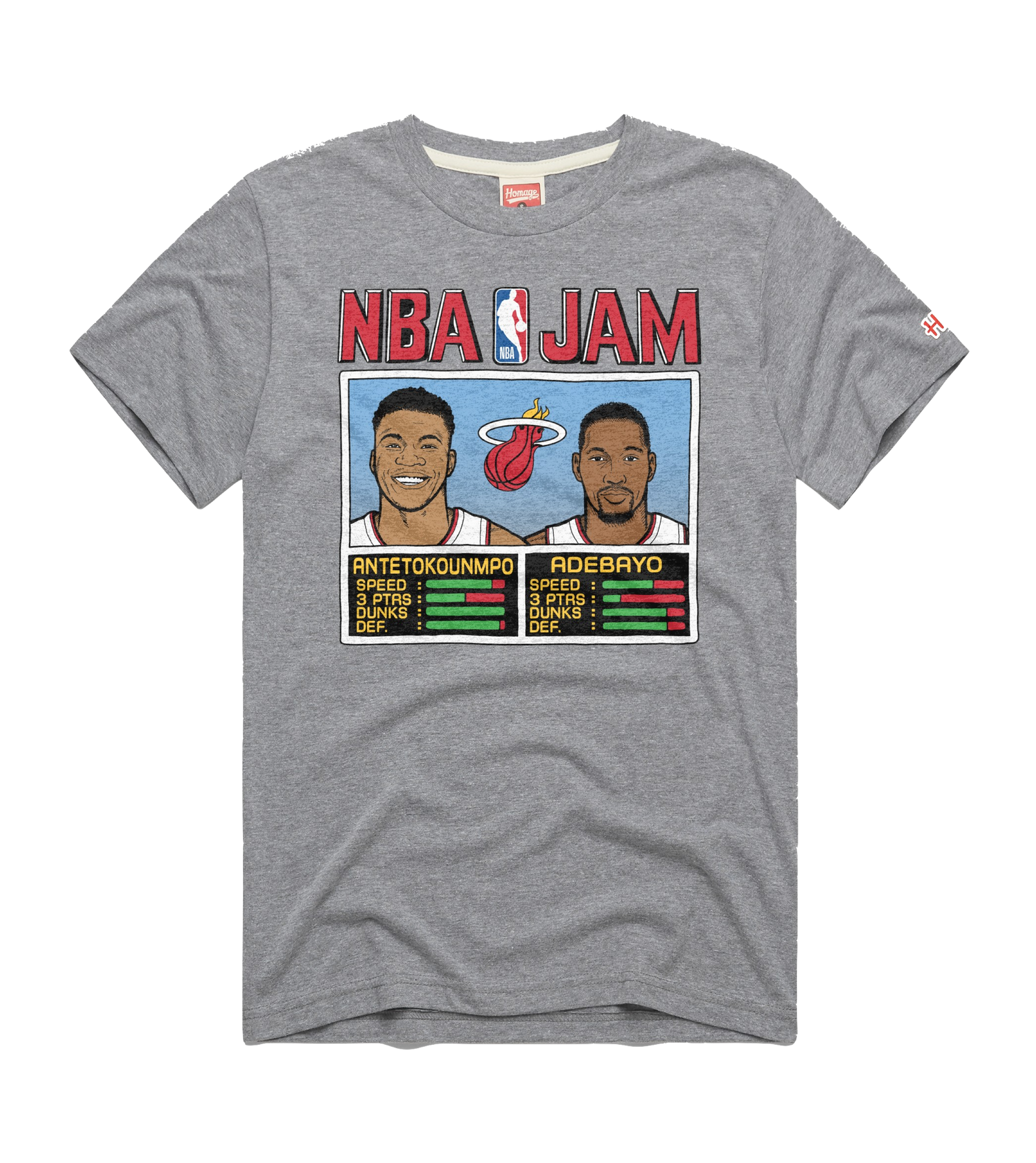 Grey standard fit Homage Giannis Antetokounmpo & Bam Adebayo Miami HEAT NBA Jam Tee featuring a graphic with portraits and player stats for both athletes.