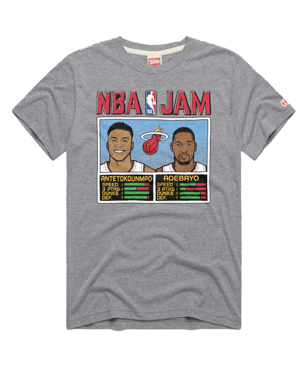 Grey standard fit Homage Giannis Antetokounmpo & Bam Adebayo Miami HEAT NBA Jam Tee featuring a graphic with portraits and player stats for both athletes.