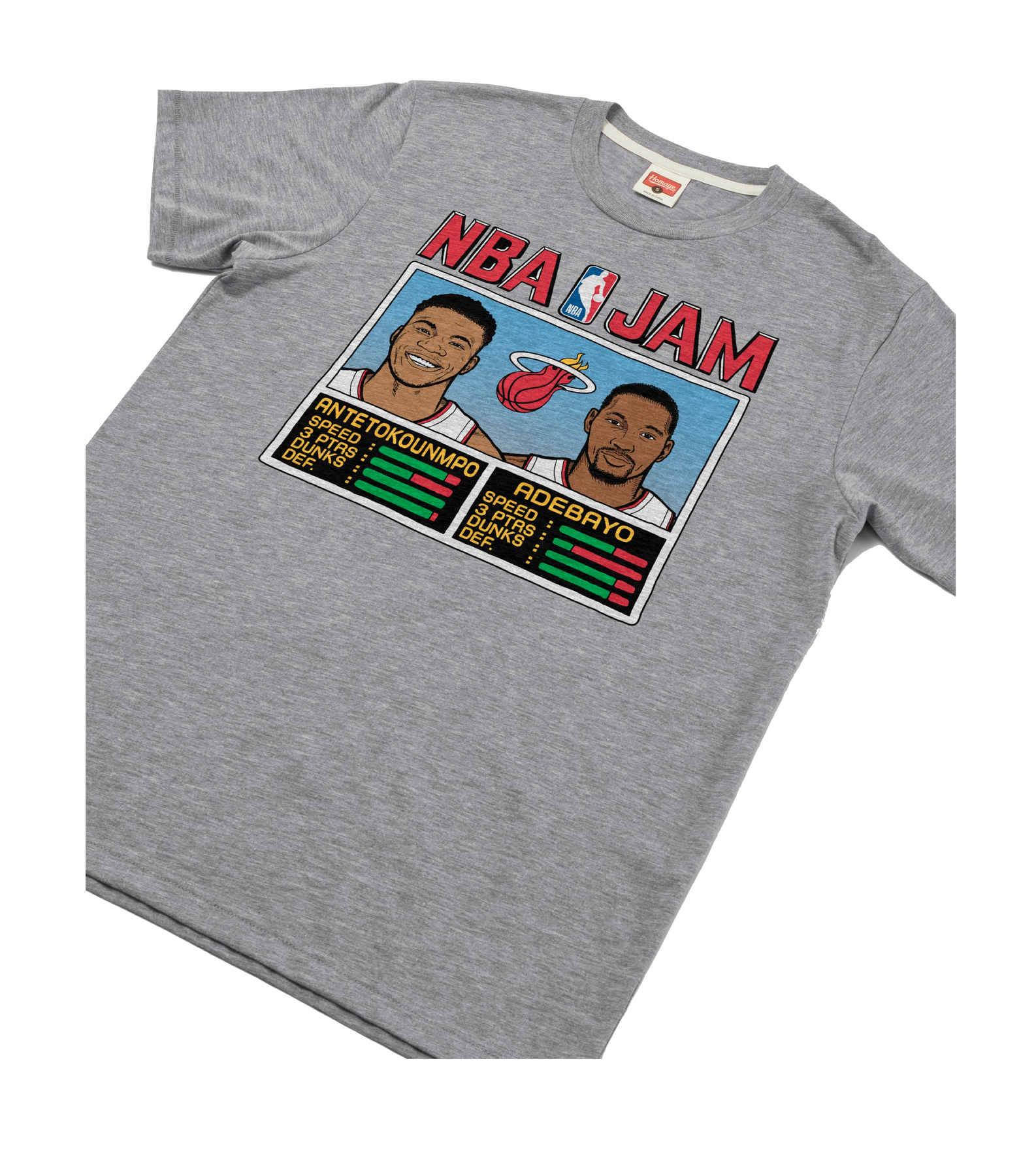 Gray standard fit Homage Giannis Antetokounmpo & Bam Adebayo Miami HEAT NBA Jam Tee featuring an NBA Jam video game character selection screen with illustrated portraits and player stats.