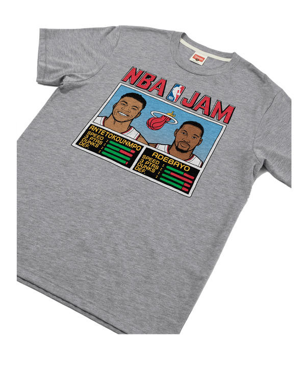 Grey standard fit Homage Giannis Antetokounmpo & Bam Adebayo Miami HEAT NBA Jam Tee featuring a graphic with portraits and player stats for both athletes.