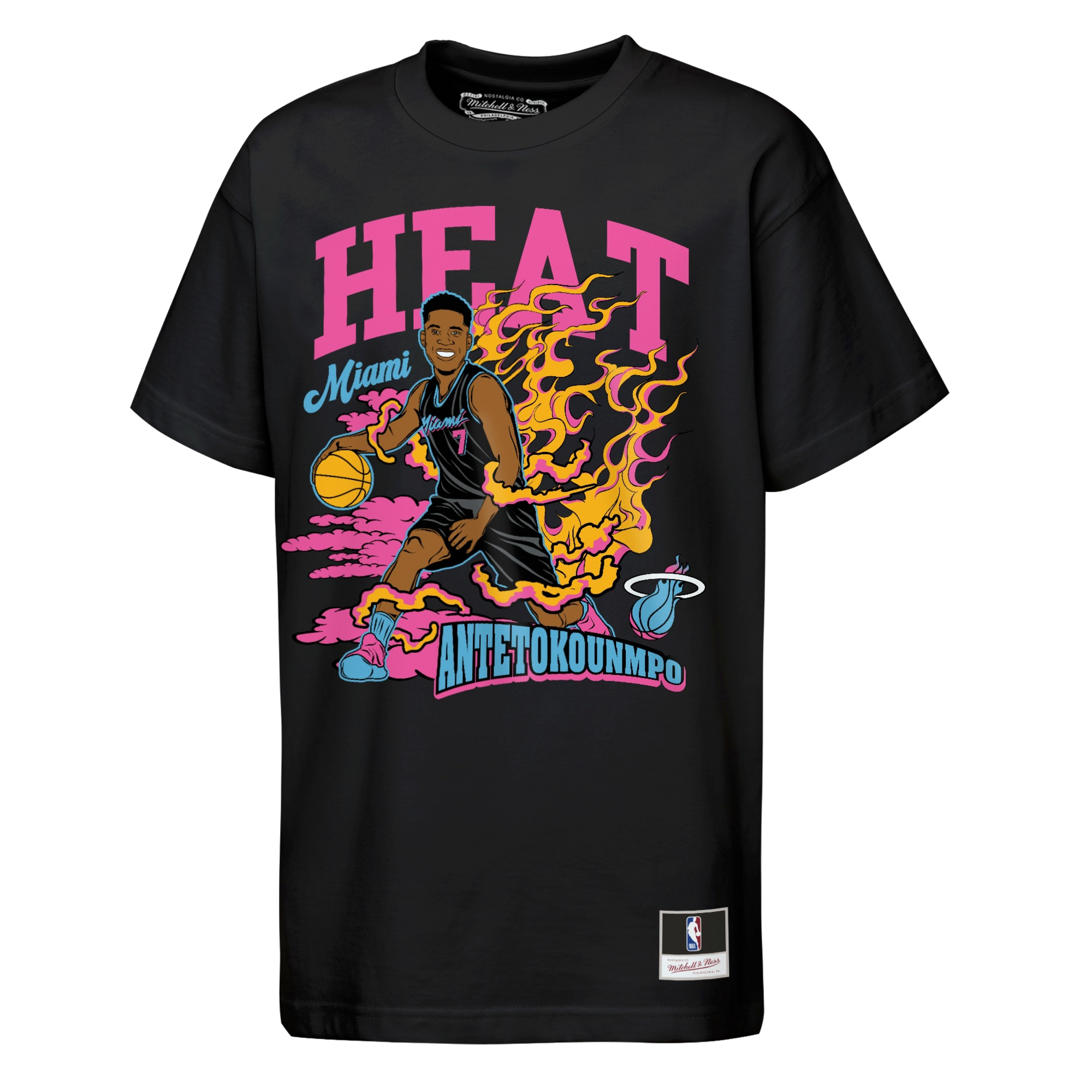 The Giannis Antetokounmpo Mitchell & Ness Miami HEAT Neon Fired Up Youth Tee by Mitchell & Ness is a black t-shirt made from 100% cotton for a comfortable, standard fit. It features a vibrant cartoon graphic of Antetokounmpo dribbling a basketball surrounded by flames, with bold, colorful “HEAT,” “Miami,” and “ANTETOKOUNMPO” text. NBA and Mitchell & Ness logos are displayed at the bottom. For best results, machine wash cold.