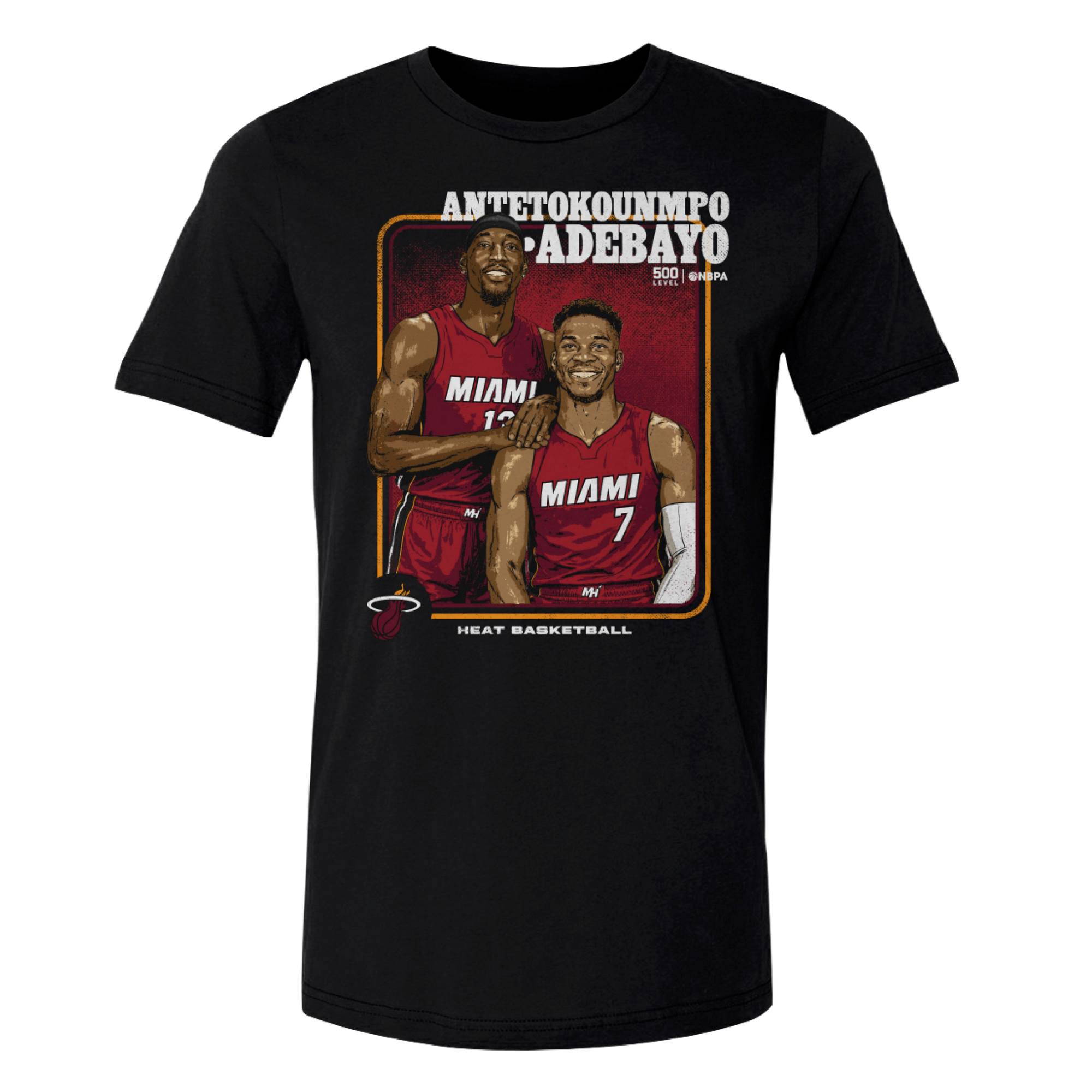 Introducing the Giannis Antetokounmpo & Bam Adebayo 500 Level Miami HEAT Tee by 500 Level—a black T-shirt featuring illustrated Miami Heat basketball players in red jerseys, with the names Antetokounmpo and Adebayo prominently displayed in bold white text above. Crafted from a comfortable cotton polyester blend, this exclusive design showcases the Miami Heat logo and 