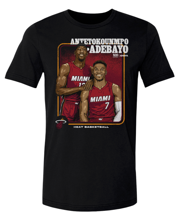 Introducing the Giannis Antetokounmpo & Bam Adebayo 500 Level Miami HEAT Tee by 500 Level—a black T-shirt featuring illustrated Miami Heat basketball players in red jerseys, with the names Antetokounmpo and Adebayo prominently displayed in bold white text above. Crafted from a comfortable cotton polyester blend, this exclusive design showcases the Miami Heat logo and 