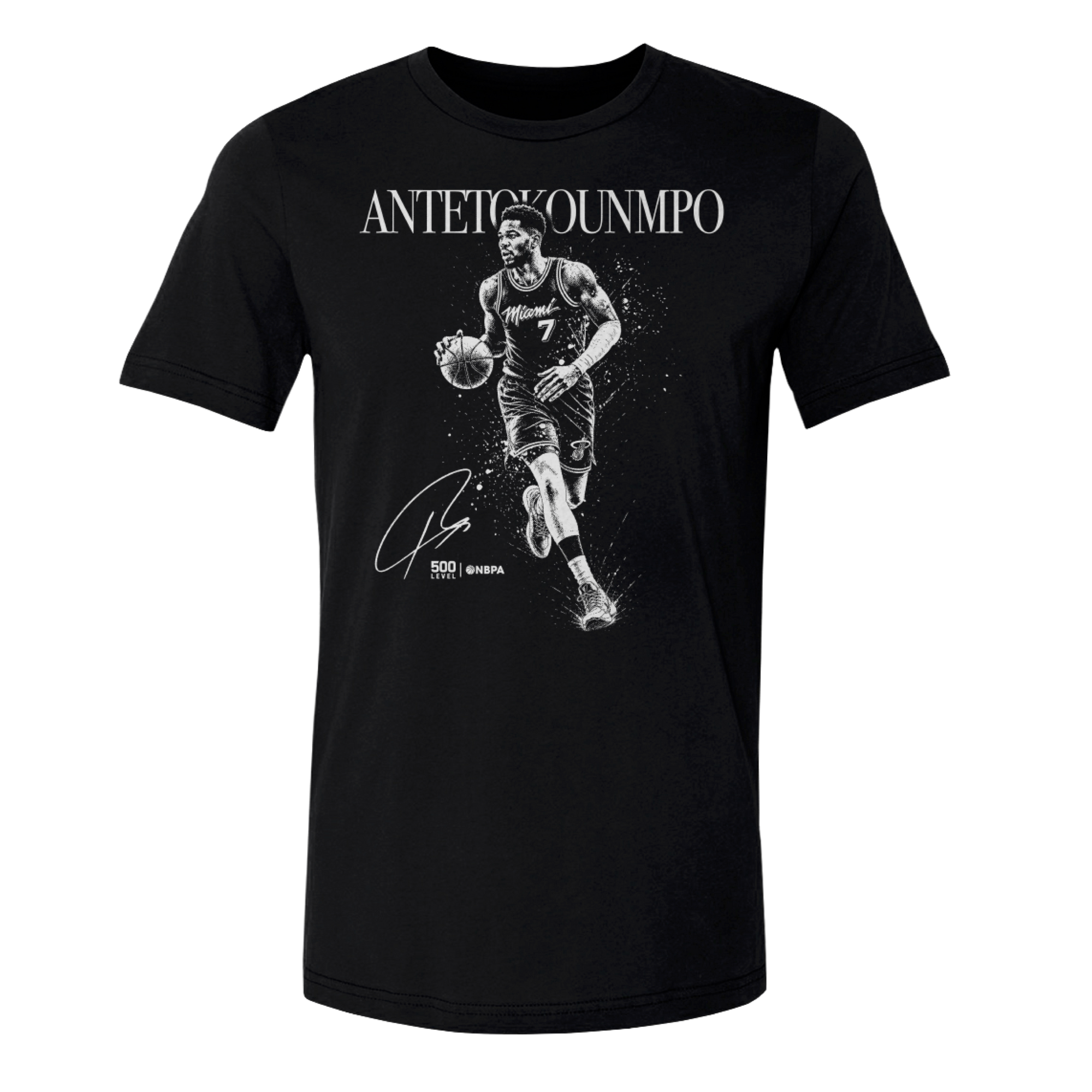Introducing the Giannis Antetokounmpo 500 Level Miami HEAT Dribble Tee by 500 Level—a black cotton-polyester shirt showcasing a grayscale illustration of Giannis Antetokounmpo in motion, holding a basketball. “ANTETOKOUNMPO” and his signature are printed on the front. This standard fit tee blends style and comfort, making it a must-have for any fan.