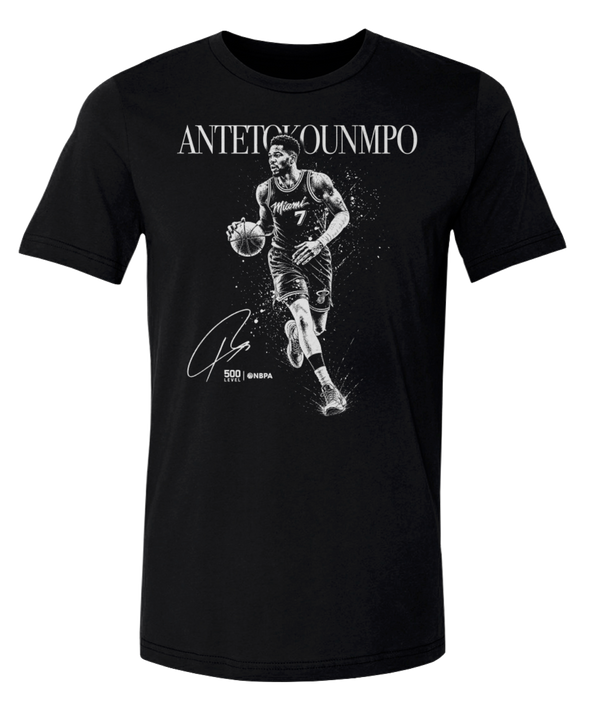 Introducing the Giannis Antetokounmpo 500 Level Miami HEAT Dribble Tee by 500 Level—a black cotton-polyester shirt showcasing a grayscale illustration of Giannis Antetokounmpo in motion, holding a basketball. “ANTETOKOUNMPO” and his signature are printed on the front. This standard fit tee blends style and comfort, making it a must-have for any fan.
