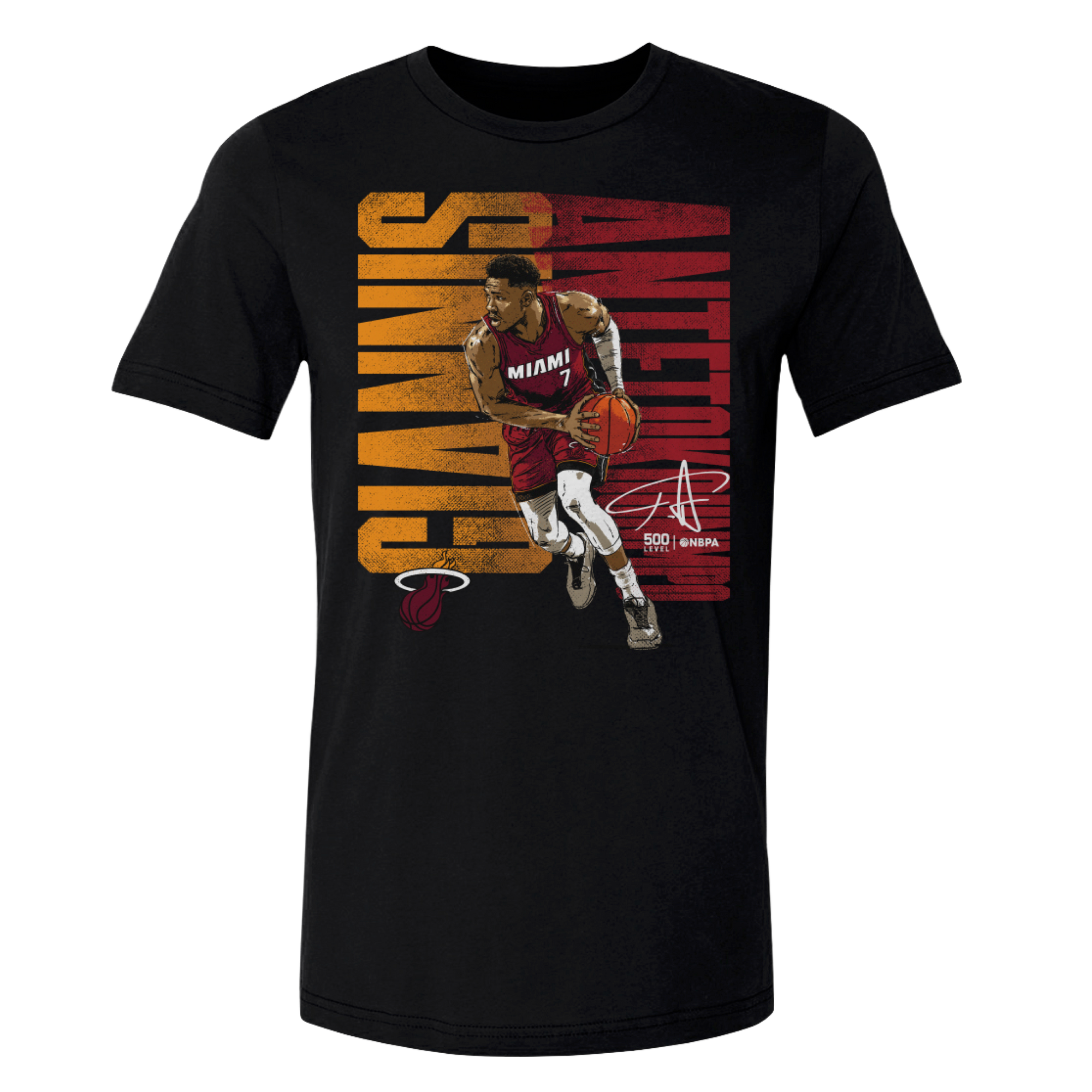 Introducing the Giannis Antetokounmpo 500 Level Miami HEAT Statement Tee by 500 Level: a black t-shirt showcasing a basketball player in a Miami Heat jersey, holding a basketball, with bold “GIANNIS ANTETOKOUNMPO” text and a signature graphic overlay across the front. Available as a standard fit pre-order item, it’s the perfect addition for dedicated fans looking to elevate their collection.