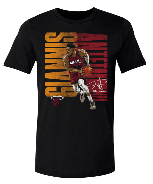 Introducing the Giannis Antetokounmpo 500 Level Miami HEAT Statement Tee by 500 Level: a black t-shirt showcasing a basketball player in a Miami Heat jersey, holding a basketball, with bold “GIANNIS ANTETOKOUNMPO” text and a signature graphic overlay across the front. Available as a standard fit pre-order item, it’s the perfect addition for dedicated fans looking to elevate their collection.