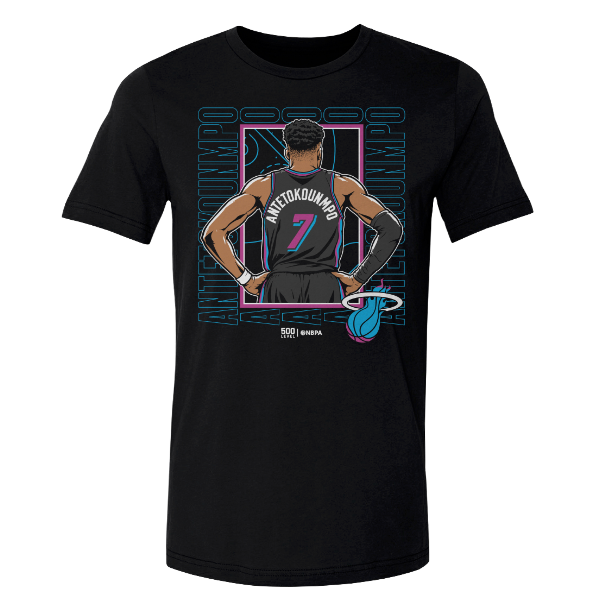 Show your support in style with the Giannis Antetokounmpo 500 Level Miami HEAT Vice Nights Tee by 500 Level. This black t-shirt showcases an illustrated basketball player standing with hands on hips, wearing number 7 with 