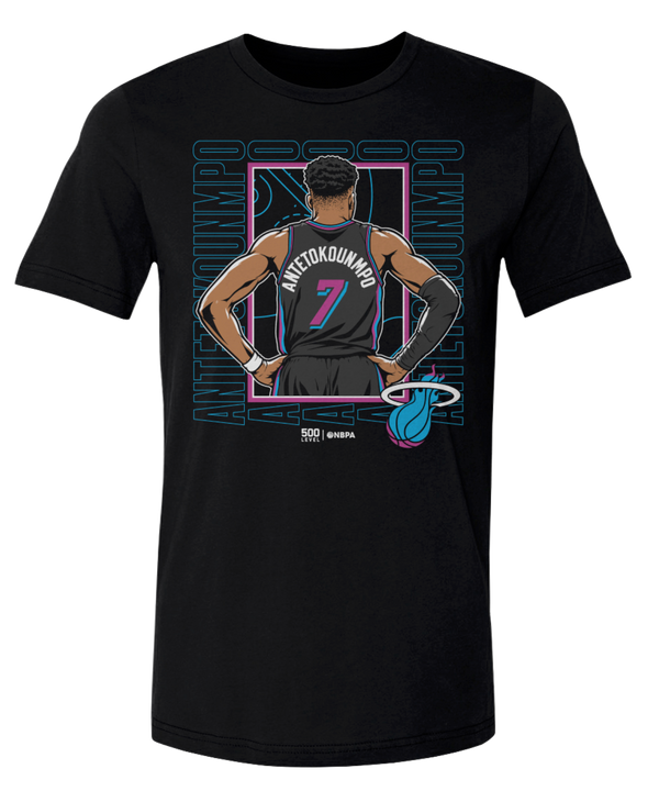 Show your support in style with the Giannis Antetokounmpo 500 Level Miami HEAT Vice Nights Tee by 500 Level. This black t-shirt showcases an illustrated basketball player standing with hands on hips, wearing number 7 with 