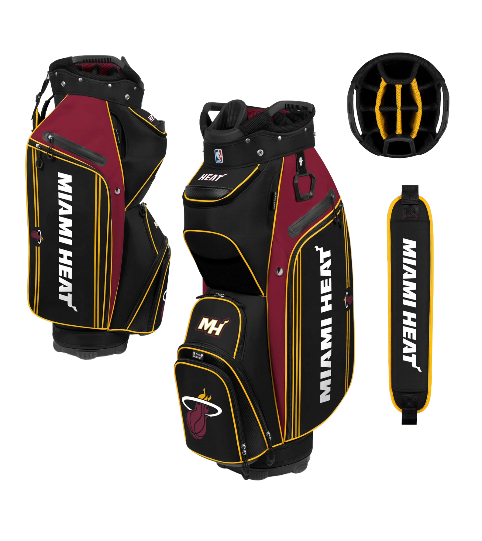 The Wincraft Miami HEAT Bucket III Cooler Golf Cart Bag, shown in black, maroon, and yellow, features team and NBA logos, multiple zippered pockets, a detachable shoulder strap, and a thermal-lined cooler pocket.