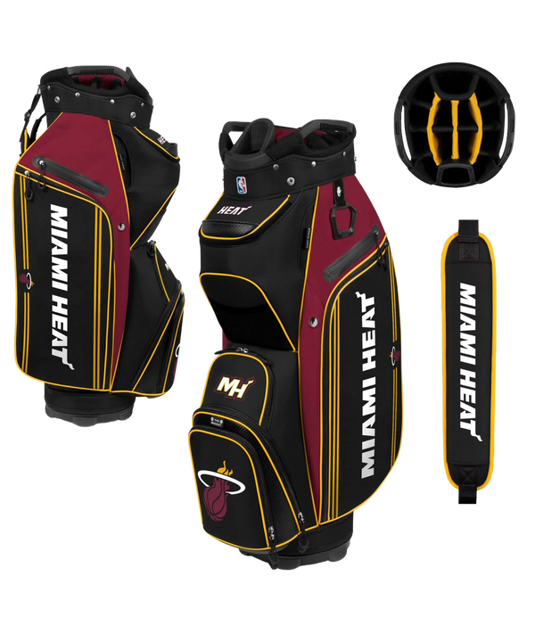 The Wincraft Miami HEAT Bucket III Cooler Golf Cart Bag, shown in black, maroon, and yellow, features team and NBA logos, multiple zippered pockets, a detachable shoulder strap, and a thermal-lined cooler pocket.