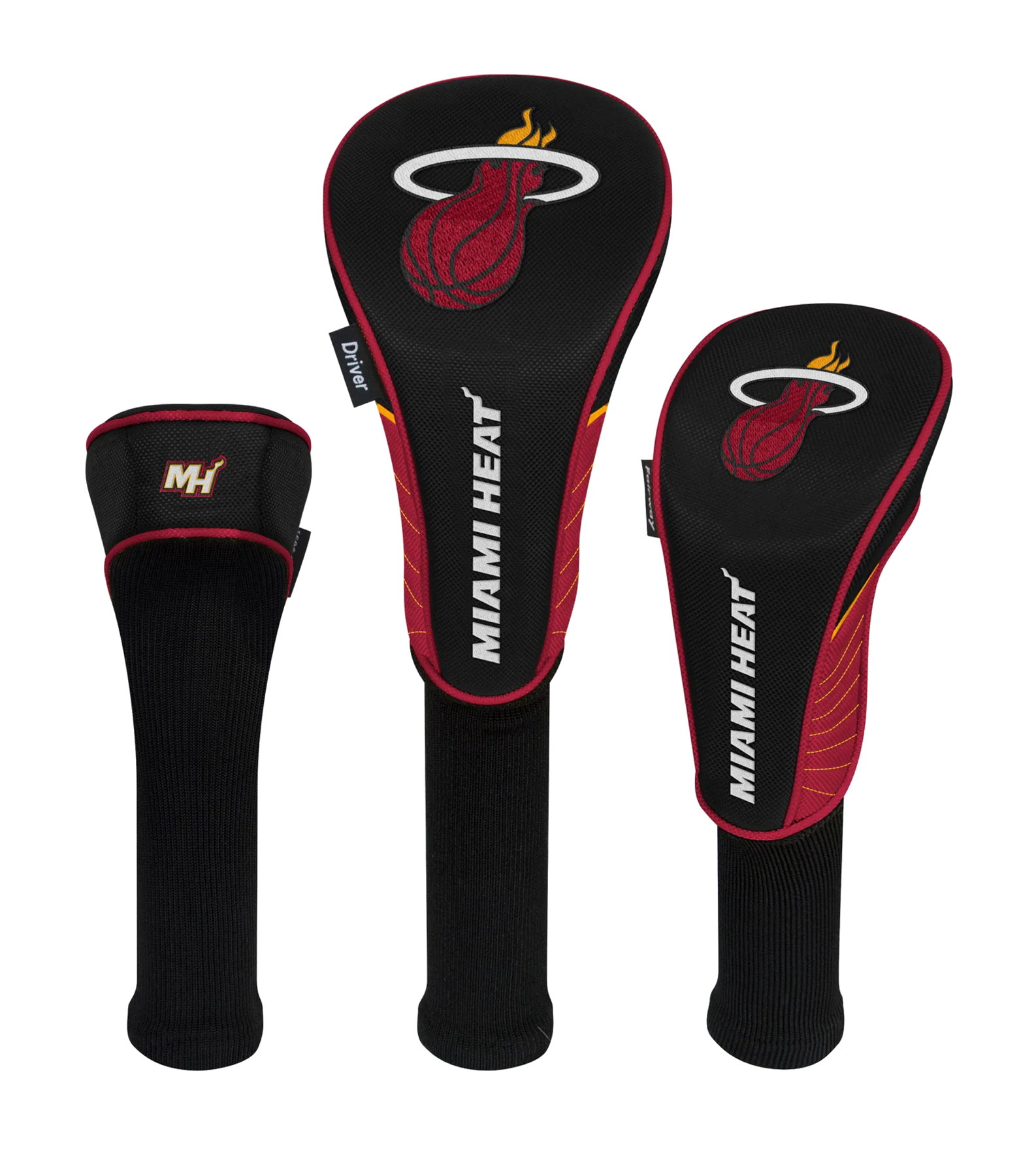 The Wincraft Miami HEAT 3-Pack Golf Head Cover set by Wincraft features three black and red headcovers with the official Miami Heat logo and 