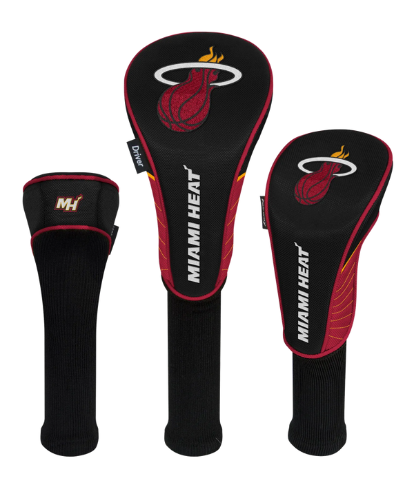 The Wincraft Miami HEAT 3-Pack Golf Head Cover set by Wincraft features three black and red headcovers with the official Miami Heat logo and 