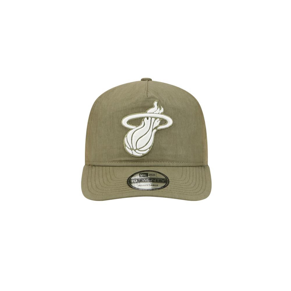 The New Era Miami HEAT Nylon Green Snapback features an embroidered white Miami Heat logo, pre-curved visor, adjustable strap, and one-size-fits-most design for comfort.