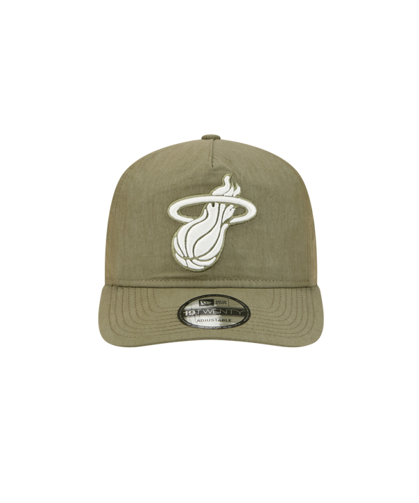 The New Era Miami HEAT Nylon Green Snapback features an embroidered white Miami Heat logo, pre-curved visor, adjustable strap, and one-size-fits-most design for comfort.