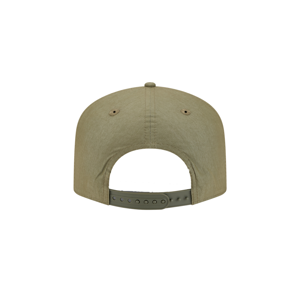 The New Era Miami HEAT Nylon Green Snapback by New Era is shown from the back, displaying a round button, stitched eyelets, adjustable snapback closure, pre-curved visor, and one-size-fits-most fit against a plain white background.