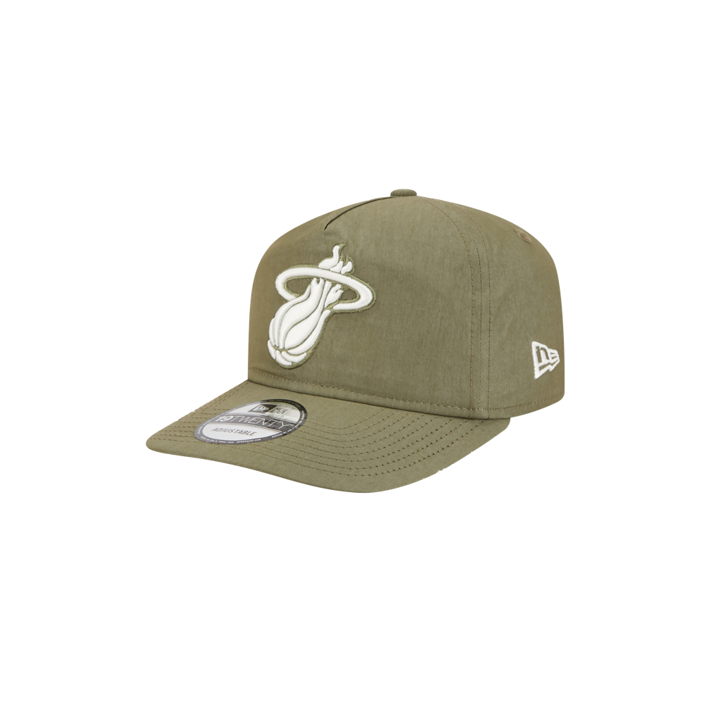 The New Era Miami HEAT Nylon Green Snapback features an olive green cotton-nylon build, pre-curved visor, white Miami Heat logo on the front, New Era logo on the side, and a brim sticker. One size fits most. Shown on a plain white background.