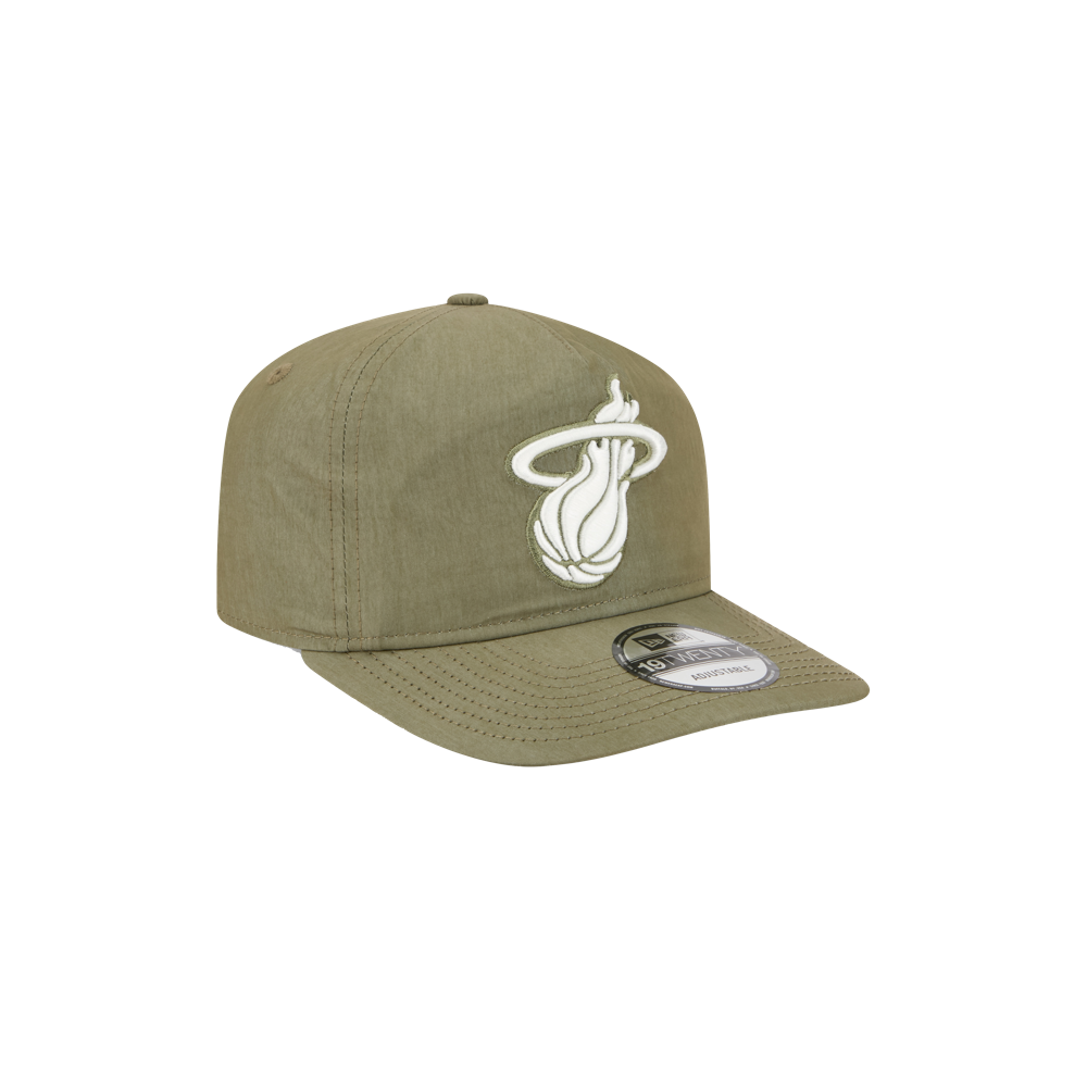 The New Era Miami HEAT Nylon Green Snapback features an olive green cotton nylon build, a pre-curved visor, a white Miami Heat logo on the front, and a silver sticker on the brim; one size fits most, shown on a plain white background.