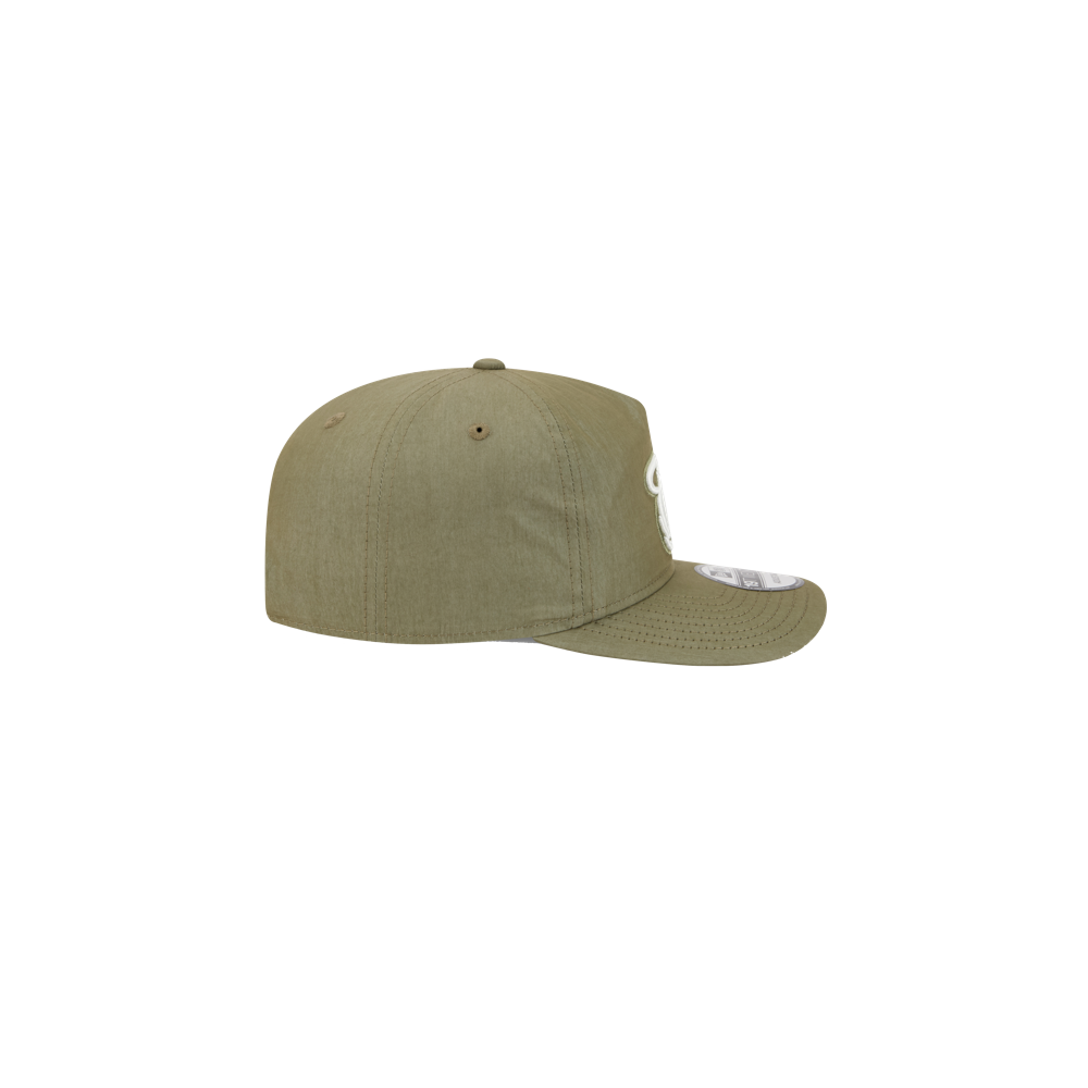 New Era Miami HEAT Nylon Green Snapback shown from the side on a white background, featuring a flat brim, structured crown, and adjustable one-size-fits-most design.