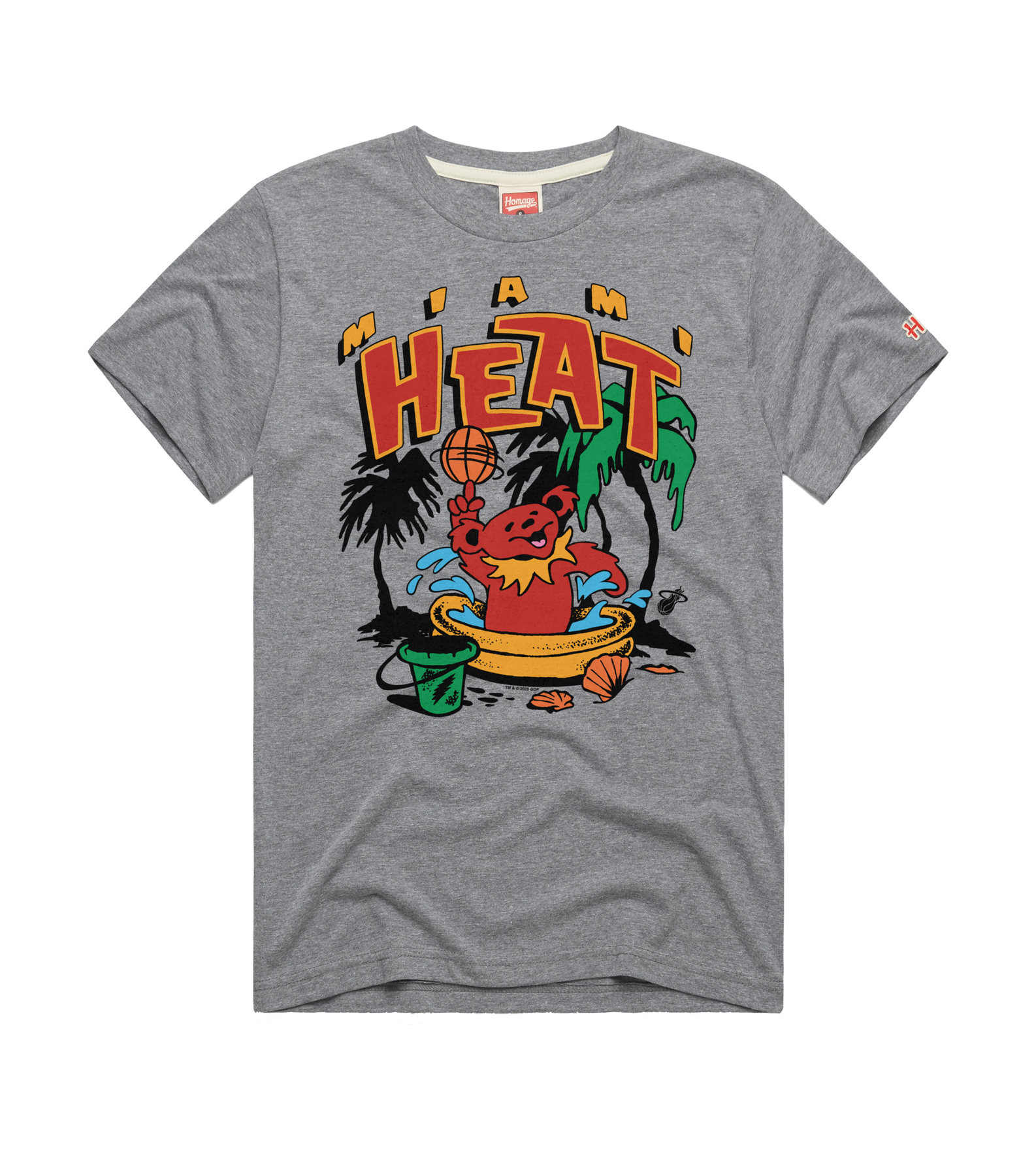 The Homage Miami HEAT Grateful Dead Bear Tee by Homage features a vibrant graphic of the mascot as a bear playing basketball with palm trees, beach items, and bold MIAMI HEAT text, crafted from a soft polyester-cotton-rayon blend.