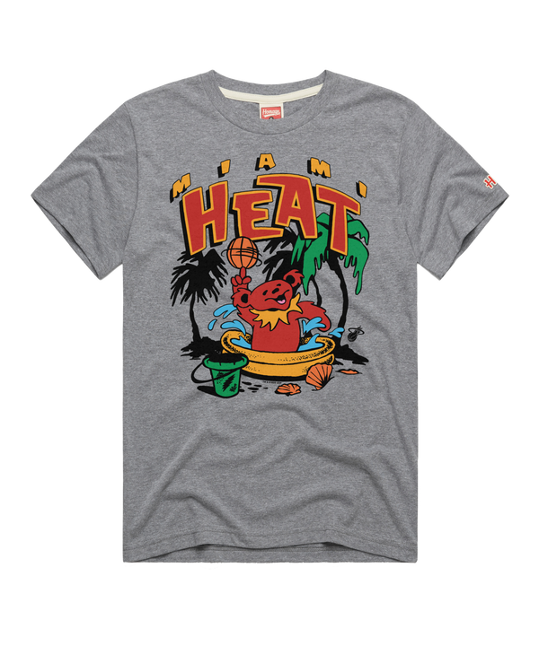 The Homage Miami HEAT Grateful Dead Bear Tee by Homage features a vibrant graphic of the mascot as a bear playing basketball with palm trees, beach items, and bold MIAMI HEAT text, crafted from a soft polyester-cotton-rayon blend.