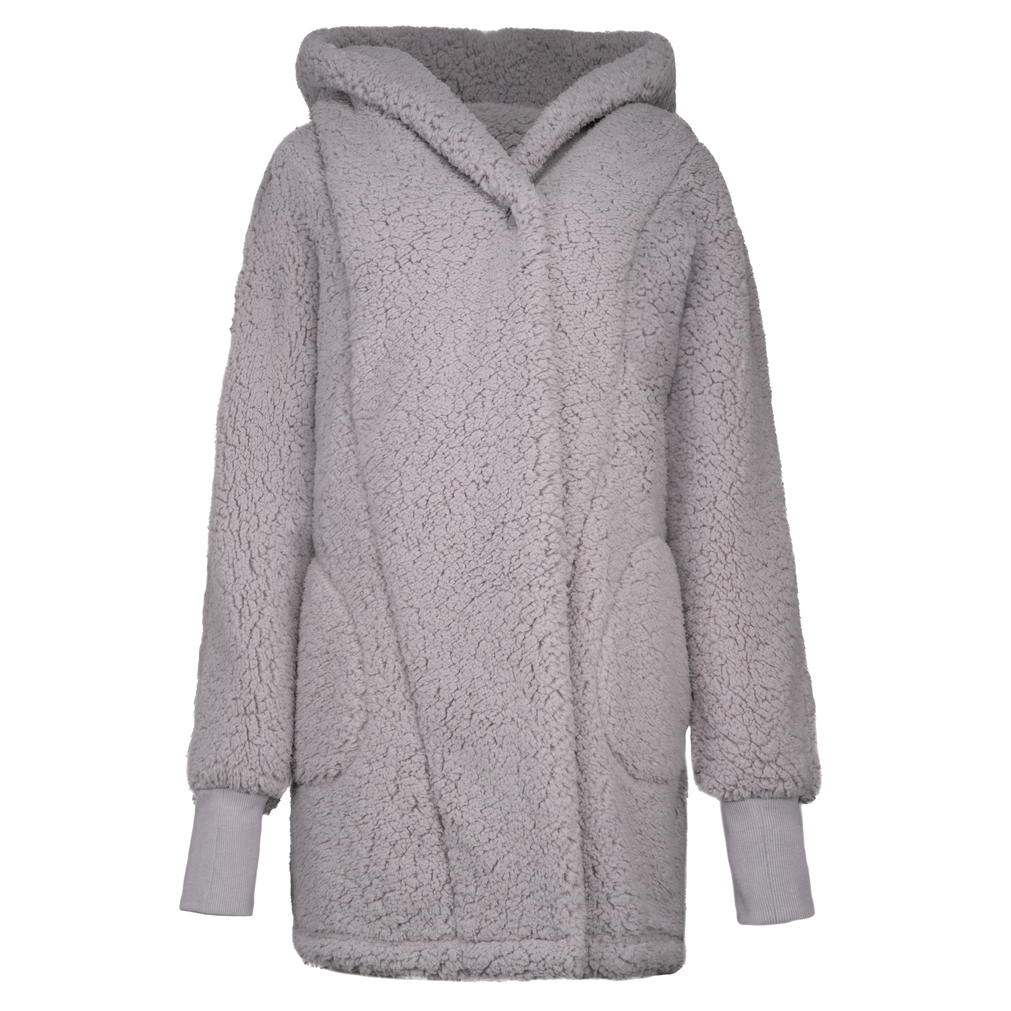 Gray plush hooded lounger with oversized fit and front pockets, Miami HEAT breast cancer awareness design. - Jill Martin Miami HEAT BCA Lounger Plush