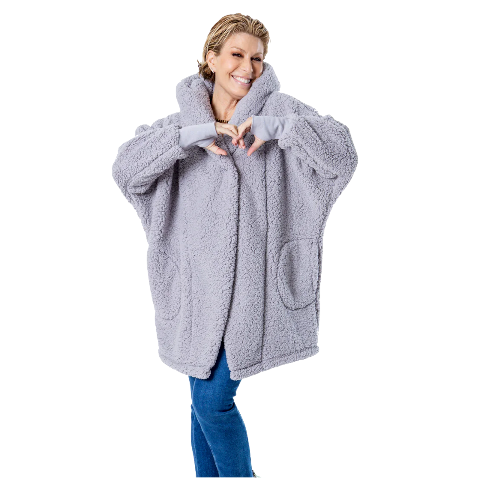 Gray plush oversized hoodie lounger with front pockets and large hood. - Jill Martin Miami HEAT BCA Lounger Plush