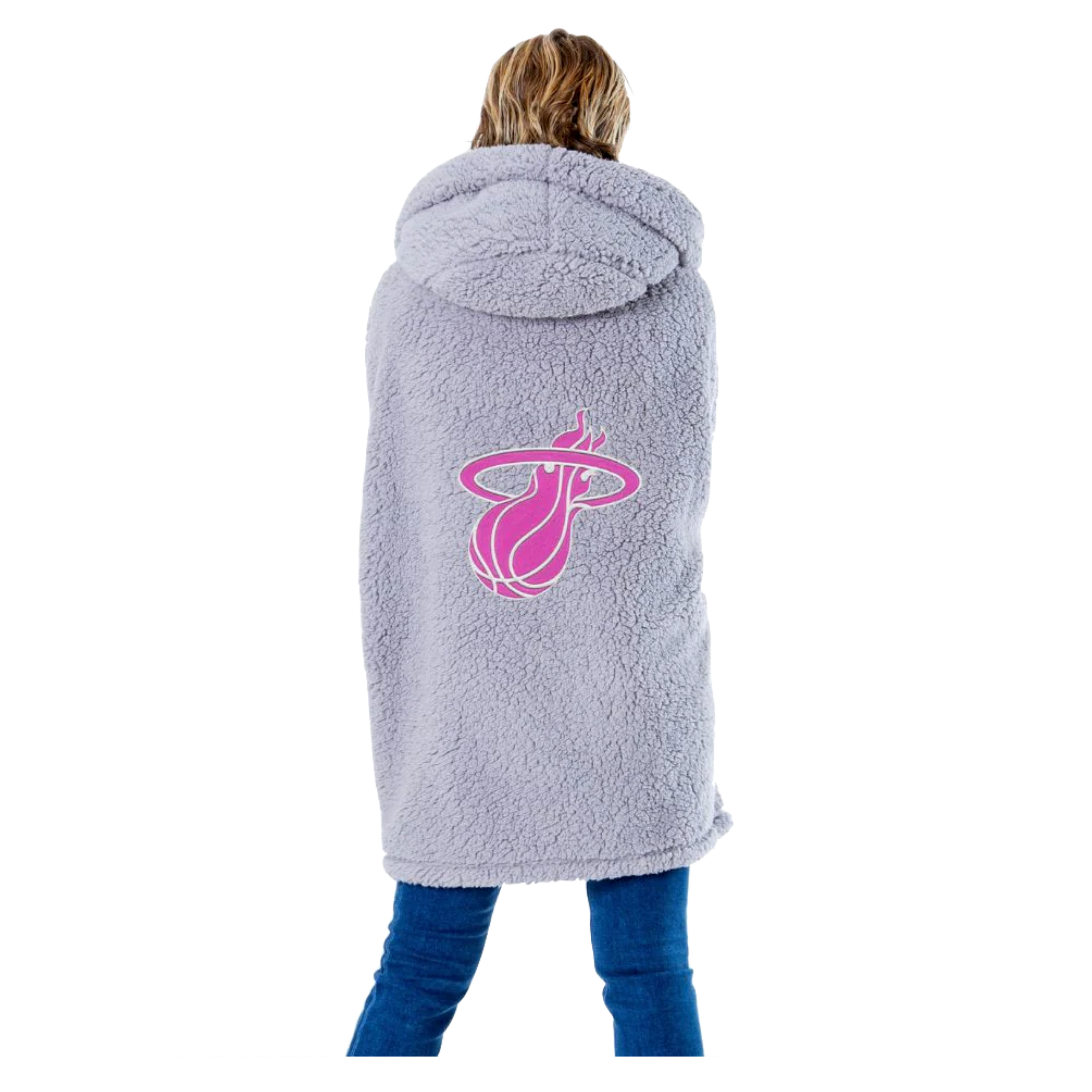 Gray plush hoodie blanket with pink Miami HEAT logo on back, worn by person facing away. - Jill Martin Miami HEAT BCA Lounger Plush