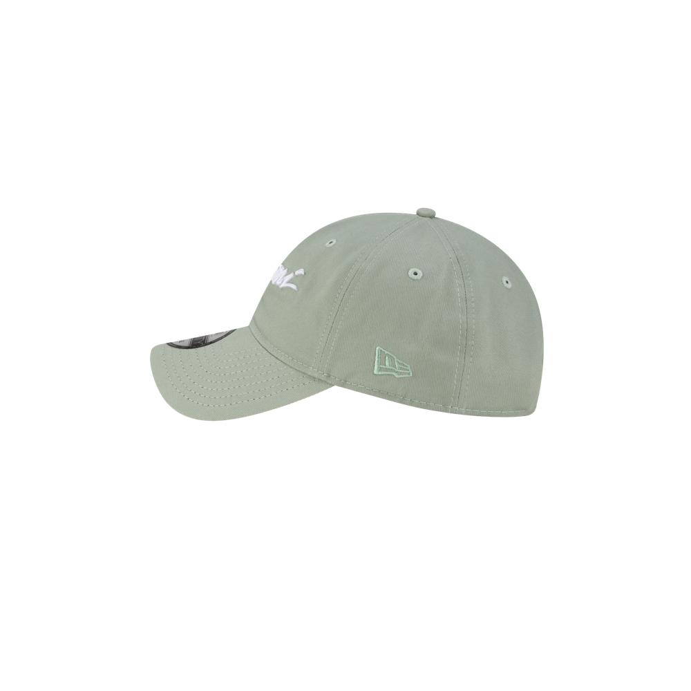 The Court Culture Original Vice Nights Wordmark Dad Hat in light green cotton features a curved brim, side blue embroidered logo, and eyelets on each panel. One size fits most. Spot clean to keep it fresh; shown on a plain white background.