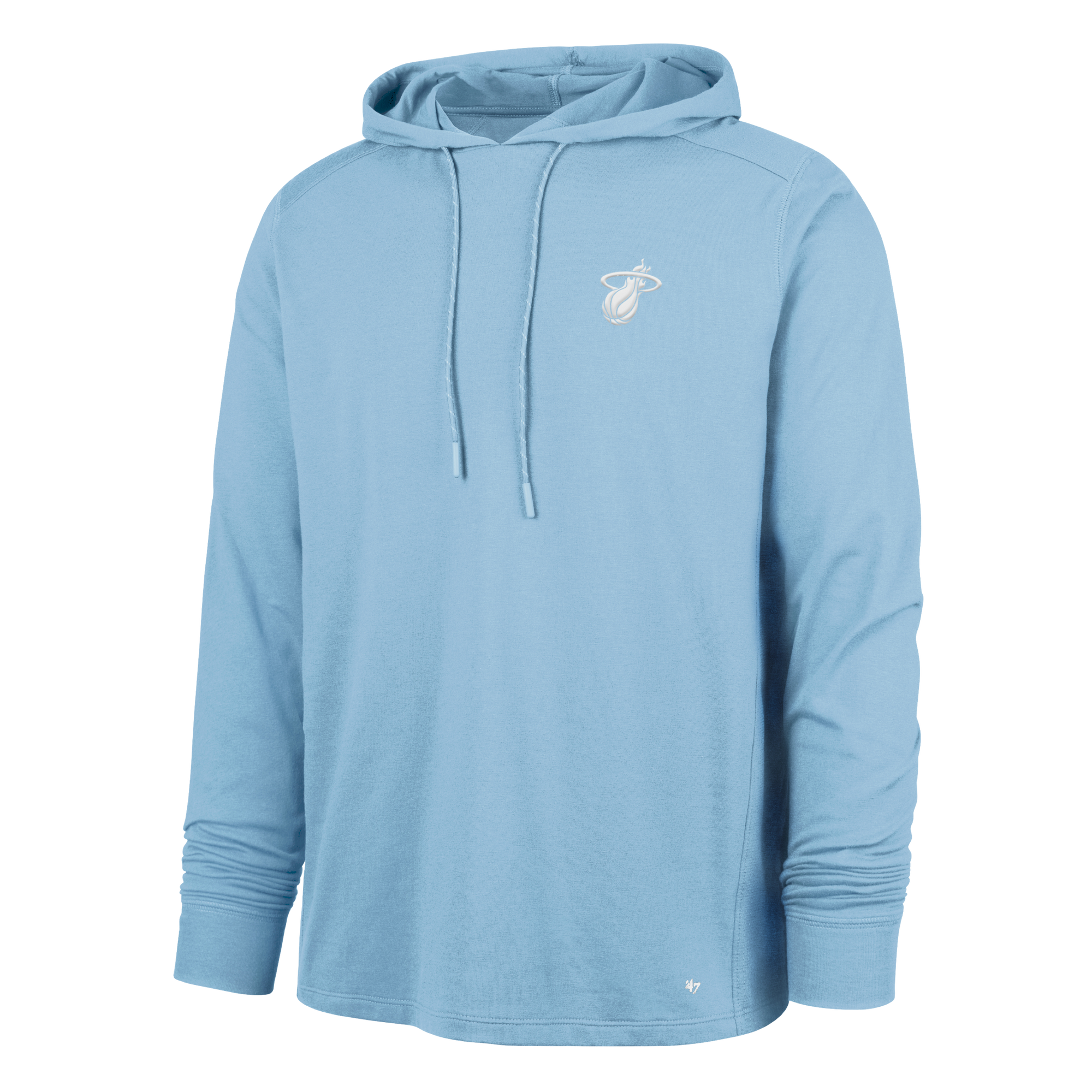 The '47 Brand Miami HEAT Original Vice Nights Blue Hoodie is a light blue long-sleeve hoodie with a front pocket, drawstrings, and a small white Miami Heat logo on the left chest, made from a soft cotton-poly blend.